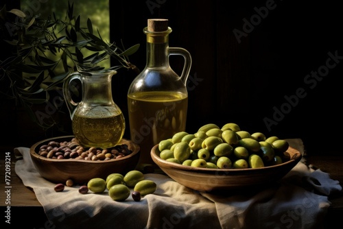 Fragrant Olive oil bottle virgin. Ripe extra food. Generate Ai