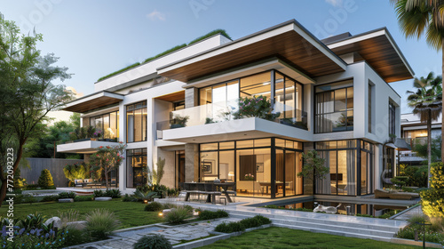 Modern European Villa with large windows and lots of green