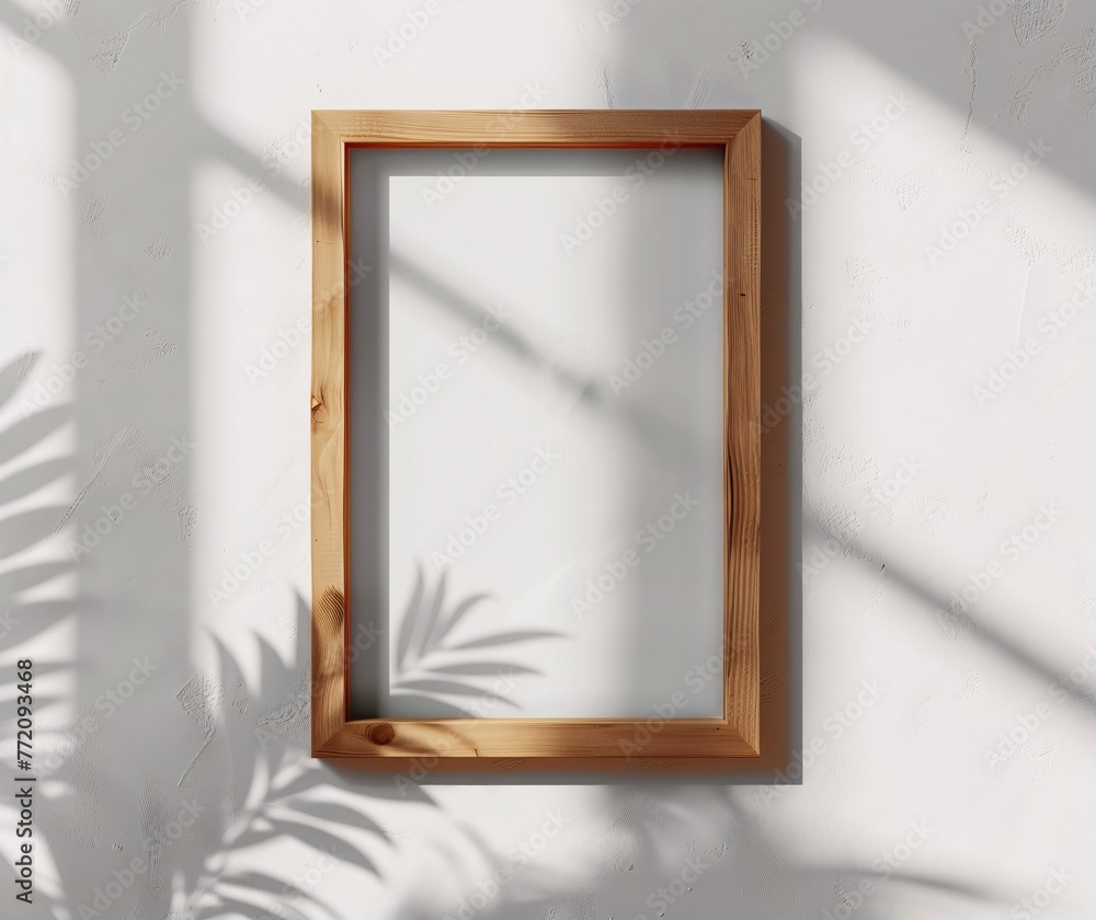 A Framed Wooden Picture on a White Wall Generative AI A Framed Wooden Picture on a White Wall Generative AI