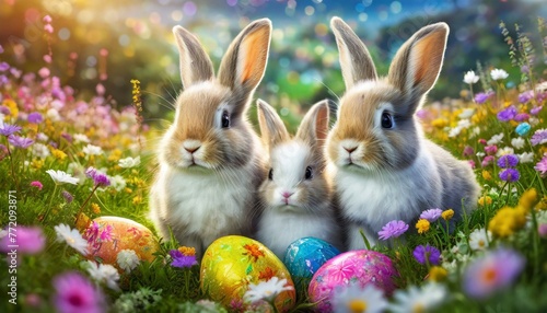 3D rendering baby bunny family  adorable big eyes  on a colorful flower meadow with painted easter eggs AI Generated