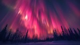 A beautiful night sky with a pink aurora and trees in the background. The sky is filled with stars and the aurora is bright and colorful