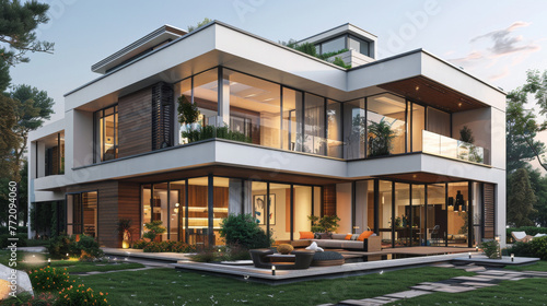 Modern European Villa with large windows and lots of green