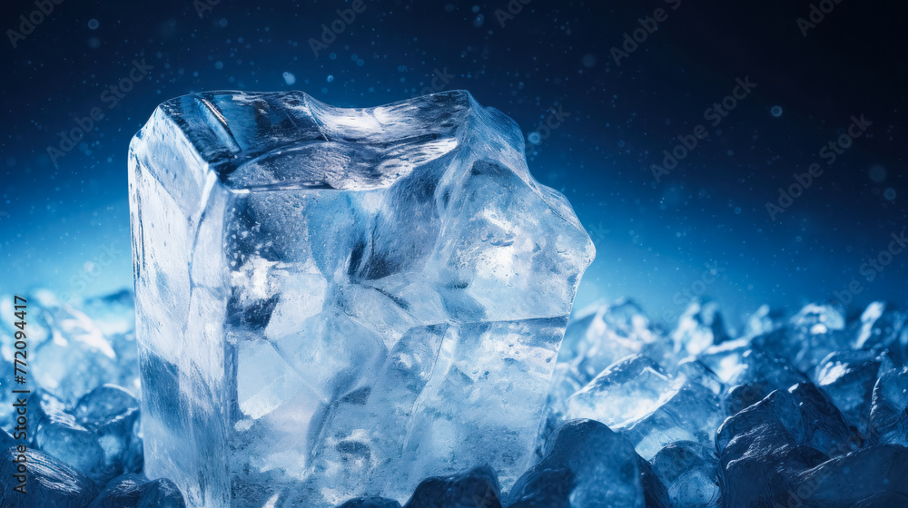 A single ice cube illuminated with a blue hue, showcasing its crystalline structure amidst a pile of ice, evoking a sense of cold and purity A single ice cube illuminated with a blue hue, showcasing its crystalline structure amidst a pile of ice, evoking a sense of cold and purity