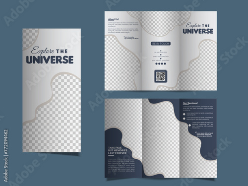 A clean, modern, and high-quality design tri fold brochure vector design.Blue travel trifold brochure Template premium vector template design.