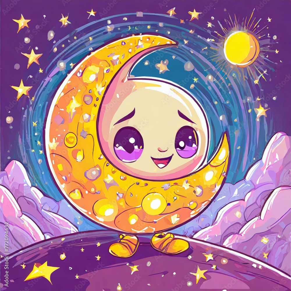 a vector illustration of a charming moon character, radiating warmth and friendliness, perfect for adding whimsical charm to various design projects