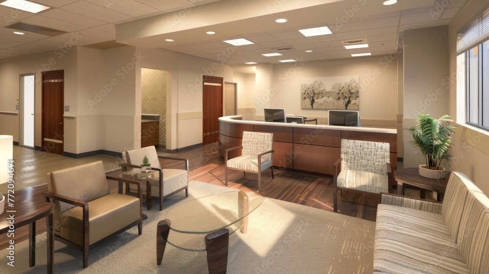 Fototapeta premium Modern office reception area with comfortable seating, a reception desk, decorative plants, and calming neutral colors.