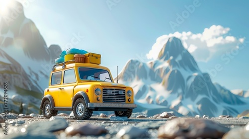 A yellow car with a lot of luggage on top of it is parked on a rocky road. The car is surrounded by mountains, giving the scene a sense of adventure and exploration photo
