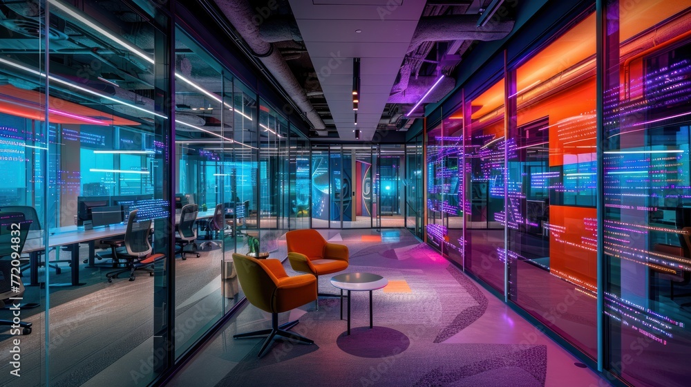 Modern office with vibrant neon lights, glass walls, cozy seating area, and computer workstations, projecting a tech-savvy environment.