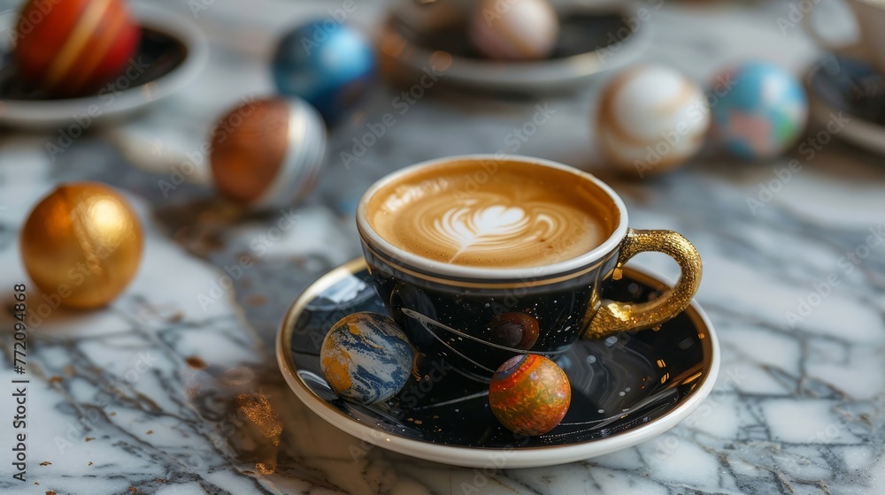 A cup of coffee with a heart on top and a few colorful balls around it. The coffee cup is on a black plate with a white rim A cup of coffee with a heart on top and a few colorful balls around it. The coffee cup is on a black plate with a white rim