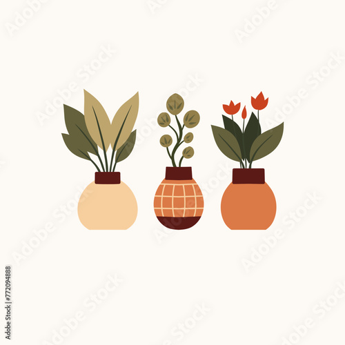 Vector flat hand drawn illustration of home plants and flowers in clay vases. Composition of flowerpots in gentle beige colors. Greenery in pots. Home hobby and flower shop.