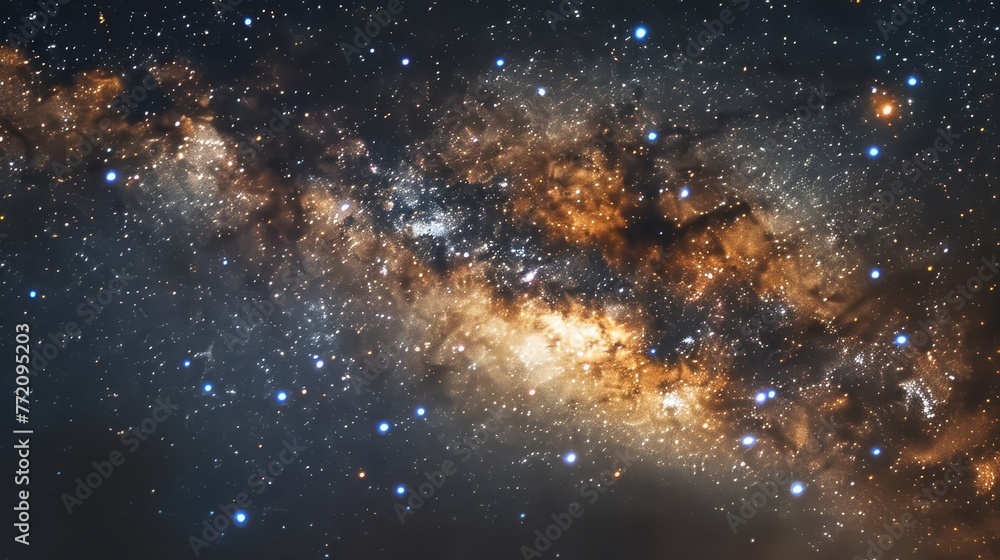Obraz premium A starry night sky with a bright yellow line in the middle. The stars are scattered throughout the sky, creating a sense of depth and vastness
