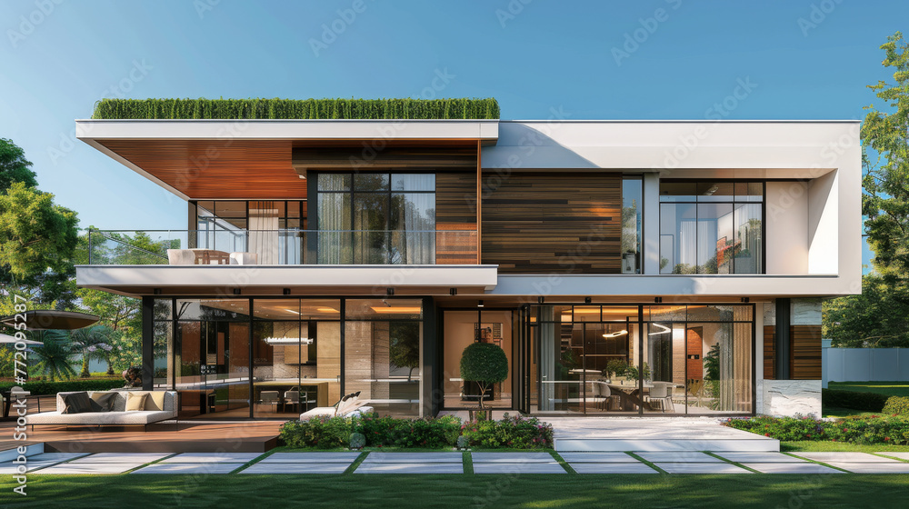 Fototapeta premium Modern European Villa with large windows and lots of green