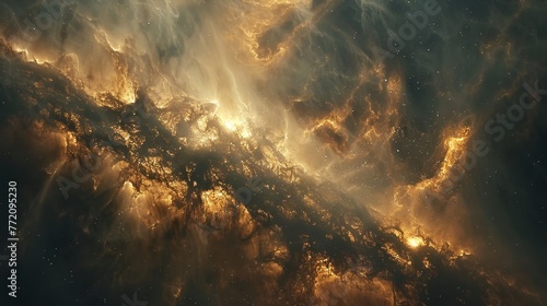 A space filled with clouds and stars. The clouds are orange and yellow. The stars are scattered throughout the sky
