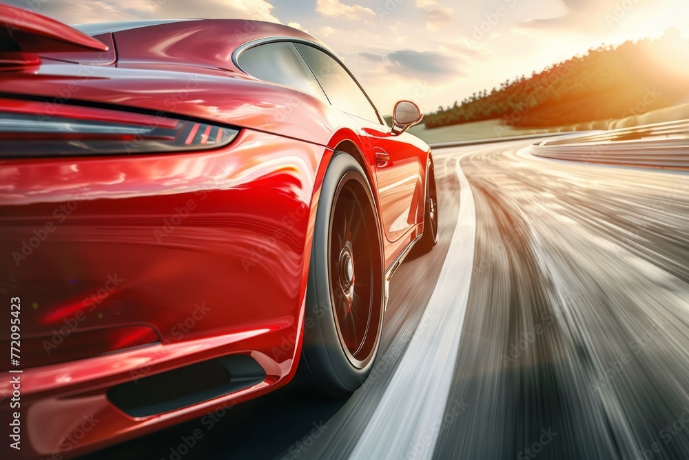 High speed red business car racing along sunlit urban highway on a bright sunny day High speed red business car racing along sunlit urban highway on a bright sunny day