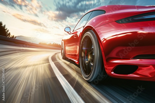Red sports car speeding through high-speed highway curve on sunny day with motion blur © Sergej Gerasimov
