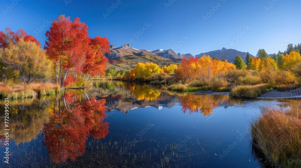 Autumnal landscape with vibrant red and yellow trees reflecting in a tranquil lake against a backdrop of serene mountains.