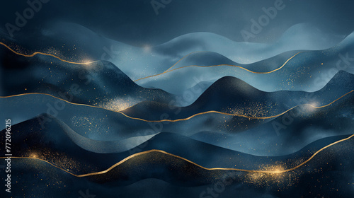 Elegant abstract mountain background. Watercolor wallpaper with gold wavy lines, hill, sky and dark blue color. Luxury in blue tone design for banner, covers, wall art, home decor and invitation. 