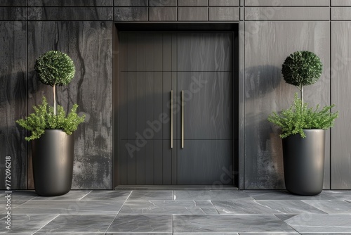 Modern black front door with green plants on stylish contemporary building facade
