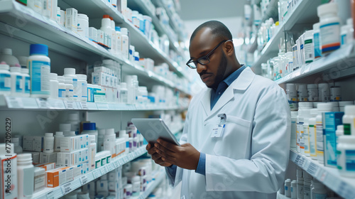 Concentrated pharmacist evaluating stock with tablet photo