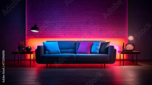 Sofa in Empty Room with Dim Night Neon Lighting. Dark and Interior Design Concept The blue sofa in the dark violet studio. Workspace of layout living room interior portrait with colorful neon light