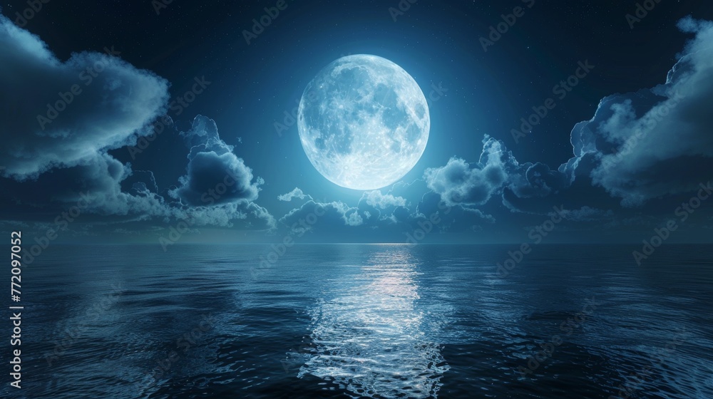Tranquil night with full moon rising over calm sea and clouds - beautiful scene for backgrounds