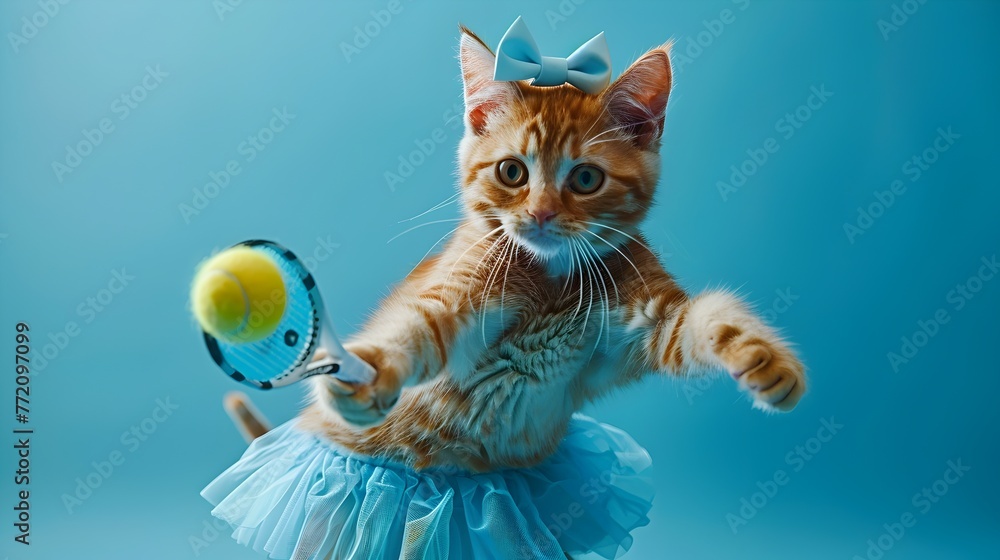 Surreal of an Orange Cat Playing Tennis on a Blue Background with Studio Lighting and Professional Capture