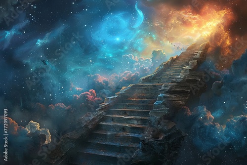 Astral stairway to heaven. surreal fantasy art featuring stairs leading to the sky for astral travel photo