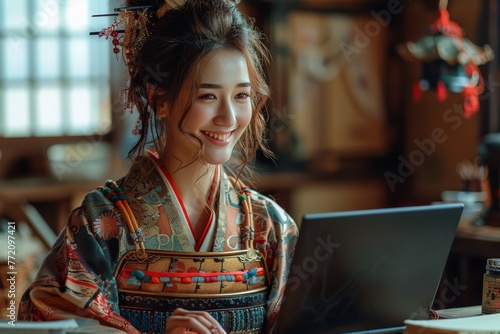 Conceptual the embodiment of beauty Japanese girl meets the spirit of the samurai, working and typing on Laptop in Samurai warrior armor against a white Background. photo