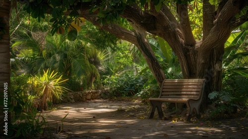 A serene garden path with a wooden bench under the shade of lush trees, bathed in dappled sunlight. Tranquil and inviting.