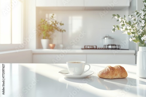 Bright modern kitchen morning coffee scene with summer breakfast and copy space on white table