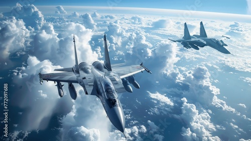 Two fighter jets soaring through the sky above clouds in high-speed combat maneuvers photo