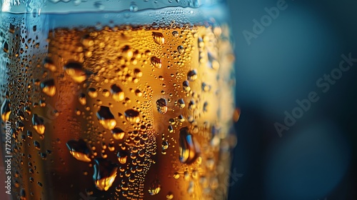 Close up of beer glass with condensation drops, ideal for text placement and advertising