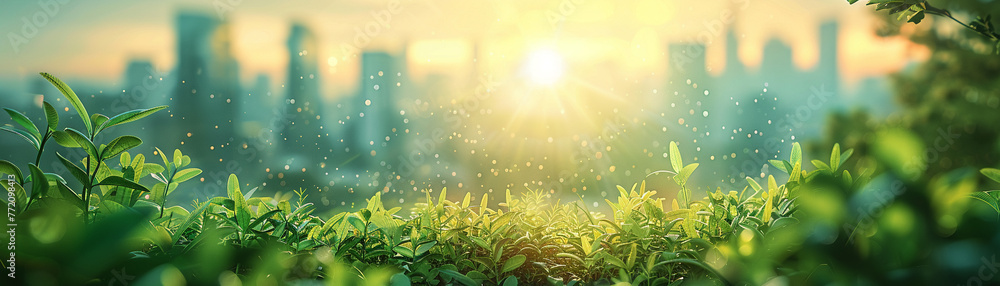 A serene urban sunrise peeking over lush greenery with the silhouette of skyscrapers in the background.