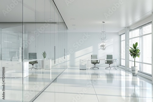 Contemporary office with glass partition and chic white flooring for a stylish workspace