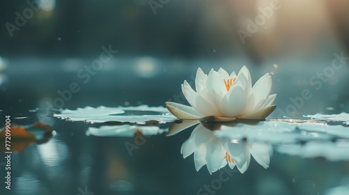 A serene water lily floats gracefully on a tranquil pond surface  with soft light reflecting off the water s calm expanse.