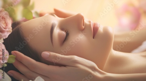 A serene woman receiving a gentle facial massage amidst a tranquil setting adorned with soft pink roses  exuding relaxation.