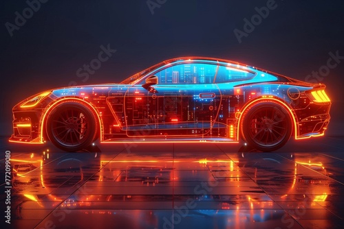 This abstract futuristic illustration illustrates the concept of car service and technological innovation. It has a neon effect and light effects.