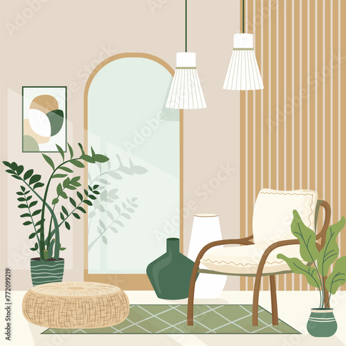 Cozy boho style design interior with a stylish combination of trendy earth tones. Personal eco space concept in Scandinavian Style with rattan pouffe mirror modern chair and plants Vector illustration © Катерина Фирсова