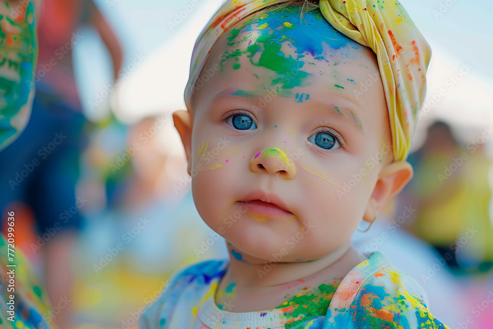 Cheerful Baby Amid Colorful Festival Delights in Urban Park Cheerful Baby Amid Colorful Festival Delights in Urban Park