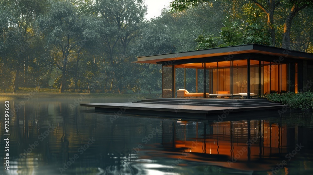 Modern lakeside house with glass walls nestled in a tranquil forest, reflecting in the calm waters at dusk. Modern lakeside house with glass walls nestled in a tranquil forest, reflecting in the calm waters at dusk.