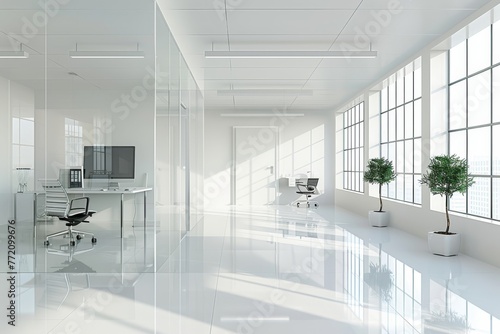 Stylish modern office with glass partition and chic white flooring for a contemporary workspace