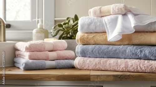 Stacks of neatly folded towels in pastel colors on a wooden surface with a plant and a bottle in the background.
