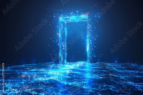 A futuristic science fiction concept of an open door at a tech portal with a polygonal wireframe glow. Modern illustration on a blue background.