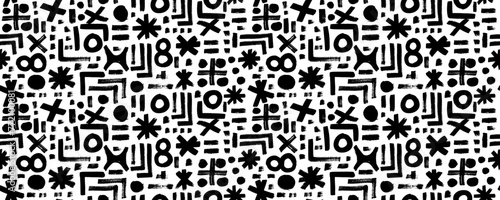 Seamless pattern with various geometric grunge  shapes. Bold brush drawn geometric figures and objects ornament. Arrow, circles, swirls, asterisk and curved bold lines. Hand drawn abstract pattern.
