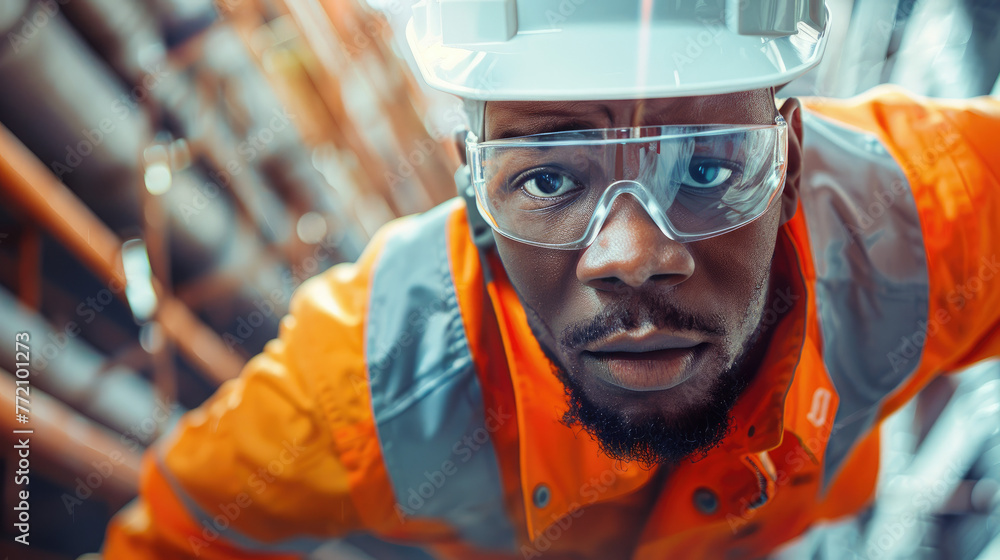 Portrait of a Serious Factory Worker in Safety Gear. Industrial Worker in Protective Gear Portrait of a Serious Factory Worker in Safety Gear. Industrial Worker in Protective Gear