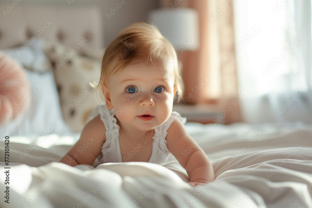 portrait of a cute adorable baby on the bed, blue eyes baby, smiling, happy face