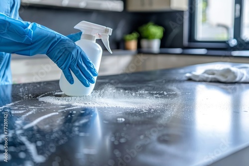 Sanitizing home table with disinfectant spray. covid-19 prevention and surface cleaning