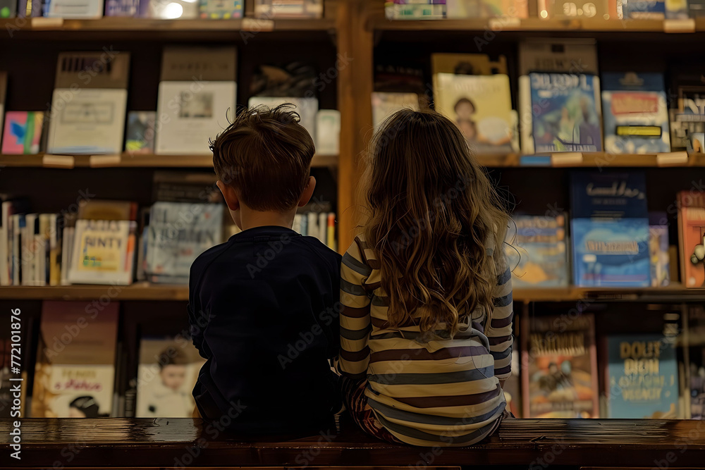 A photo of two children sitting in front of shelves filled with books, engrossed in books at an old bookstore. The background is filled with shelves stocked with various books and installations. A photo of two children sitting in front of shelves filled with books, engrossed in books at an old bookstore. The background is filled with shelves stocked with various books and installations.