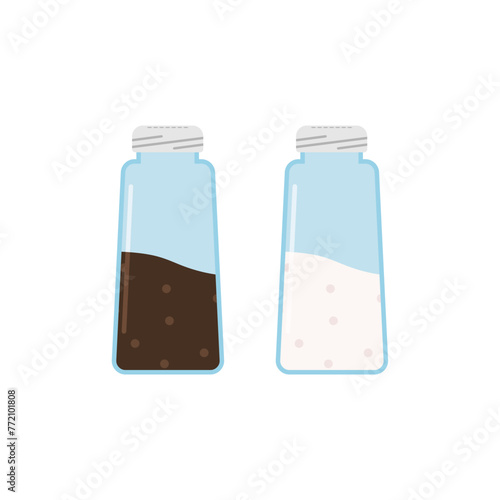 Glass salt and pepper shakers icon set flat design vector illustration. Glass jars, saltcellar with kitchen seasonings, flavoring for sprinkling spicy powder. Ingredients, condiments for food.