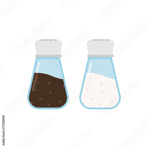 Glass salt and pepper shakers icon set flat design vector illustration. Glass jars, saltcellar with kitchen seasonings, flavoring for sprinkling spicy powder. Ingredients, condiments for food.